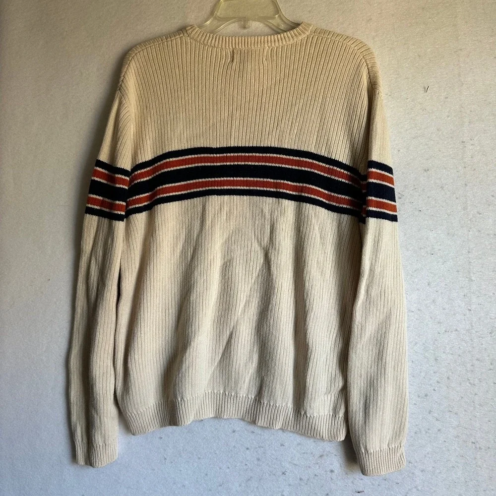 American Eagle Mens M Cream Ribbed Knit Striped Crewneck Sweater Ramie Cotton